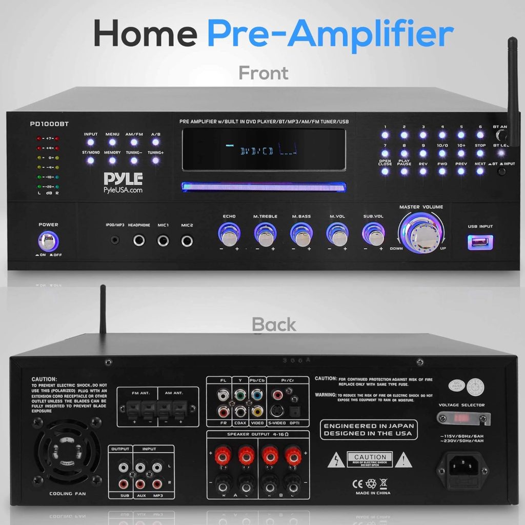 PYLE 4 Channel Pre Amplifier Receiver - 1000 Watt Rack Mount Bluetooth Home Theater-Stereo Surround Sound Preamp Receiver W/Audio/Video System, CD/DVD Player, AM/FM Radio, MP3/USB Reader - PD1000BT