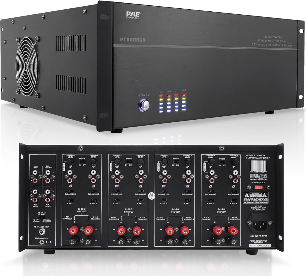 Pyle 4 Multi-Zone Stereo Amplifier - 19” Rack Mount, Powerful 8000 Watts with Speaker Selector Volume Control  LED Audio Level Display - 4-Ch. Bridgeable Switches - Pyle PT8000CH