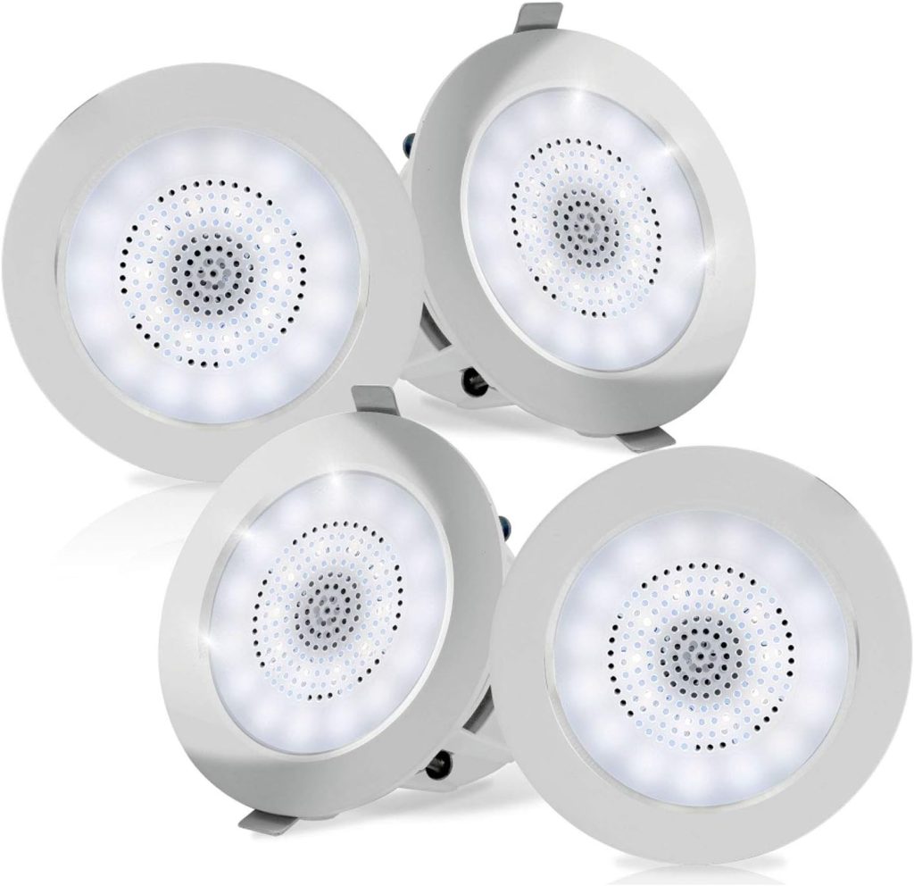 Pyle 4” Pair Bluetooth Flush Mount In-wall In-ceiling 2-Way Home Speaker System Built-in LED Lights Aluminum Housing Spring Clips Polypropylene Cone  Tweeter 4 Ch Amplifier 320 Watts (PDIC4CBTL4B)