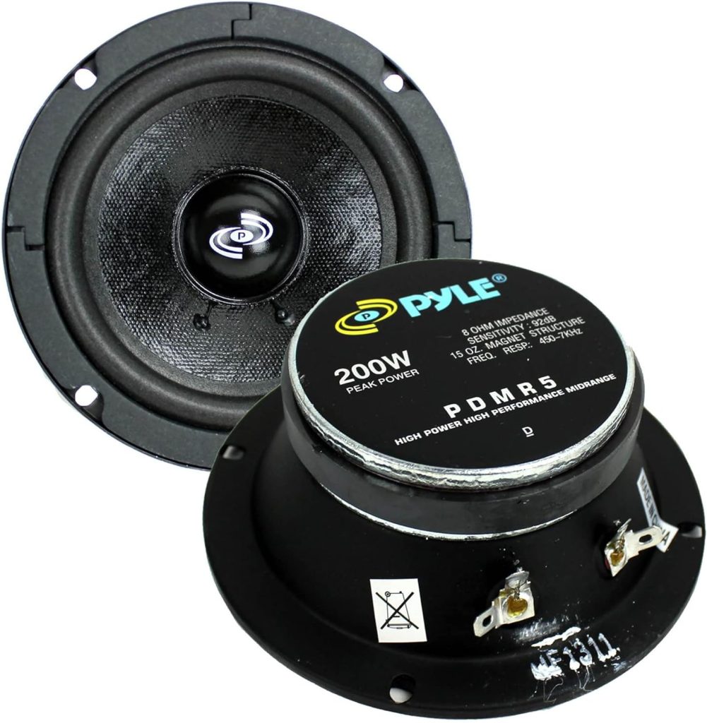 Pyle 5 200W 8 Ohms Mid Bass Mid Range Car Speaker Woofer Driver w/ 450Hz to 7kHz Frequency Response, 92dB Sensitivity,  Magnet Structure, (2 Pack)