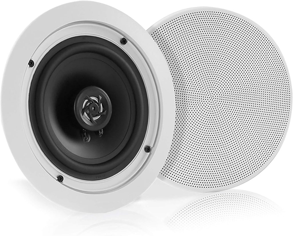 Pyle 5.25” Pair Bluetooth Flush Mount In-wall In-ceiling 2-Way Speaker System Quick Connections Changeable Round/Square Grill Polypropylene Cone  Polymer Tweeter Stereo Sound 150 Watt (PDICBT552RD)