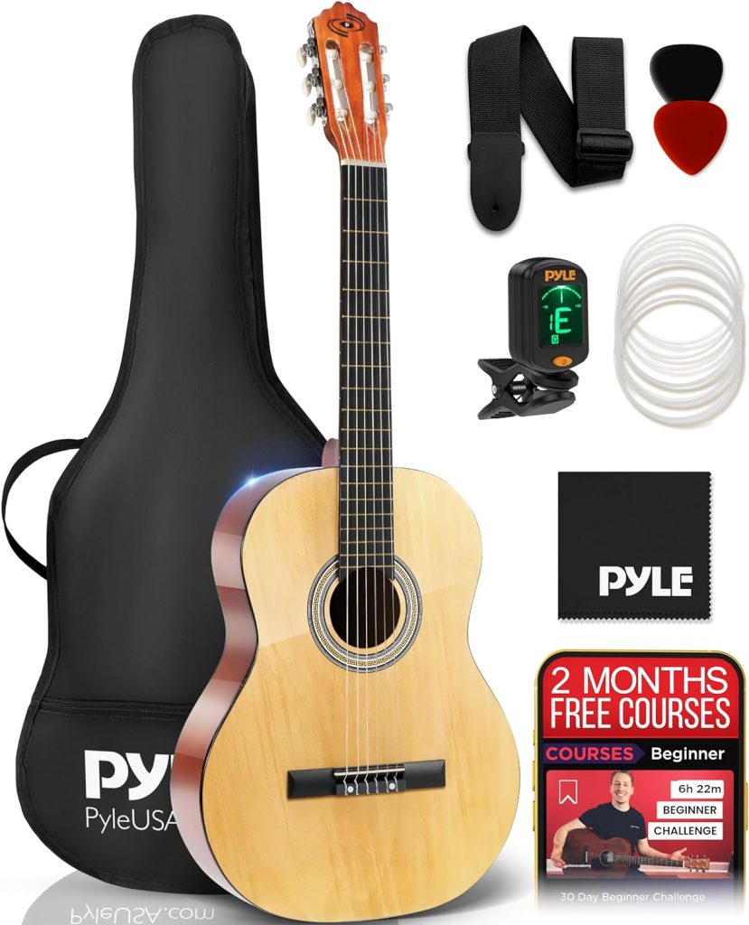 Pyle 6 String Classical Acoustic Guitar Kit, 3/4 Junior Size Instrument for Beginner Kids, Adults, 36 Gloss (PGACLS82), Right, Natural Ash