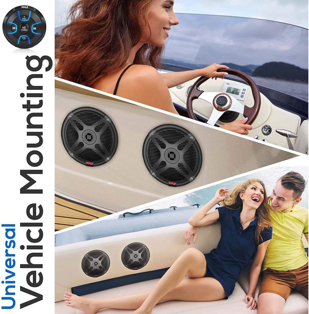 Pyle 6.5 Dual Marine Speakers Kit - Waterproof-Rated w/Amplified Bluetooth Remote Control Receiver for Powersport Vehicles, IP65 Marine Grade Rating, 600 Watt Max Power PLMRKT8, Black