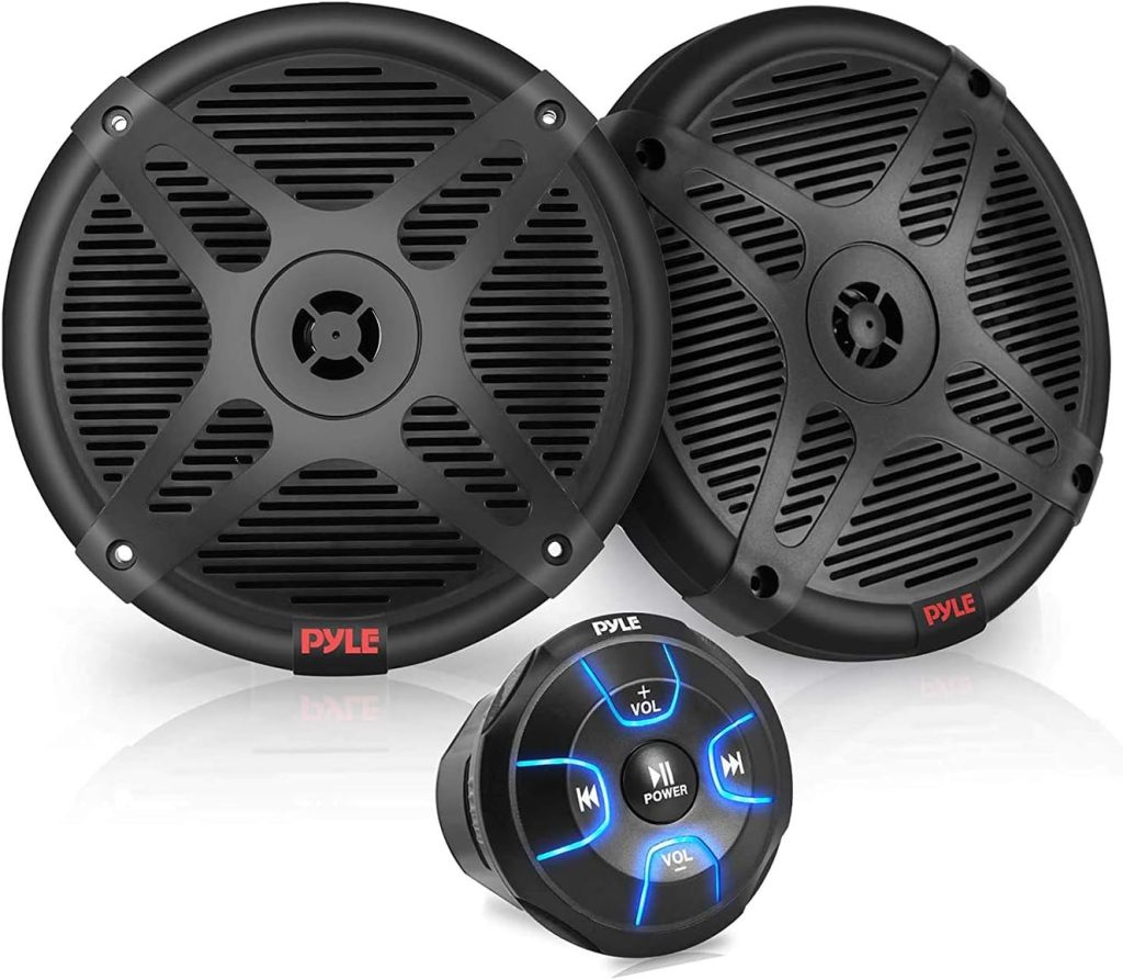 Pyle 6.5 Dual Marine Speakers Kit - Waterproof-Rated w/Amplified Bluetooth Remote Control Receiver for Powersport Vehicles, IP65 Marine Grade Rating, 600 Watt Max Power PLMRKT8, Black