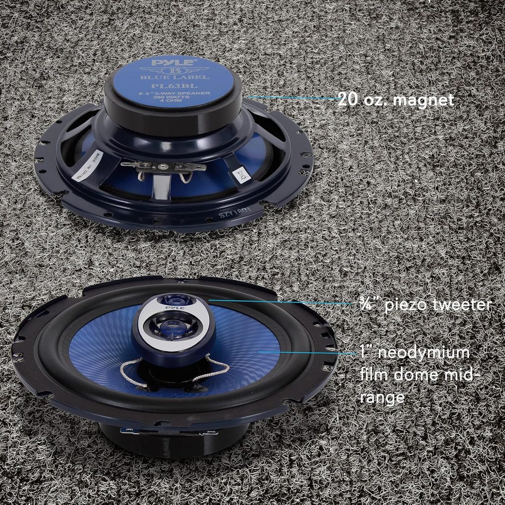 Pyle 6.5 Three-Way Sound Speaker System - 180 W RMS/360W Power Handling w/ 4 Ohm Impedance and 3/4 Piezo Tweeter for Car Component Stereo, Round Shaped Pro Full Range Triaxial Loud Audio -PL63BL,Blue