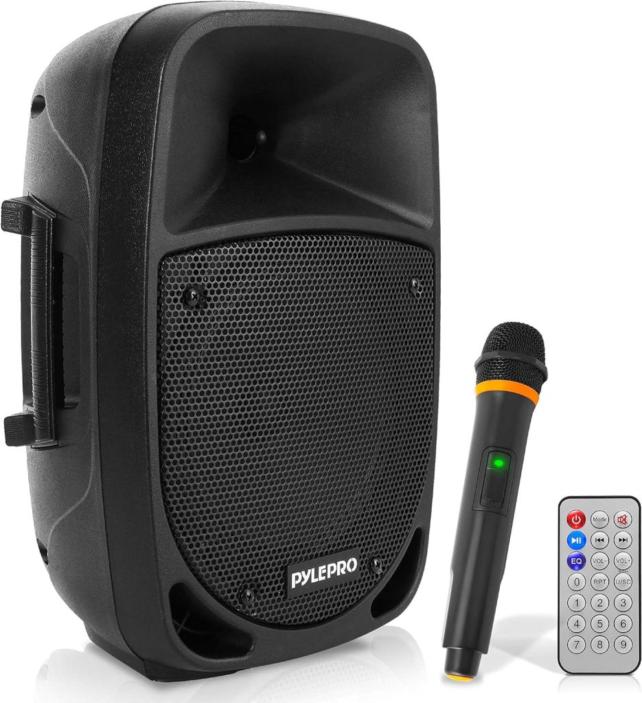 Pyle 800W Portable Bluetooth PA Speaker - 8’’ Subwoofer, LED Battery Indicator Lights w/ Built-in Rechargeable Battery, MP3/USB/SD Card Reader, and UHF Wireless Microphone - Pyle PSBT85A,Black