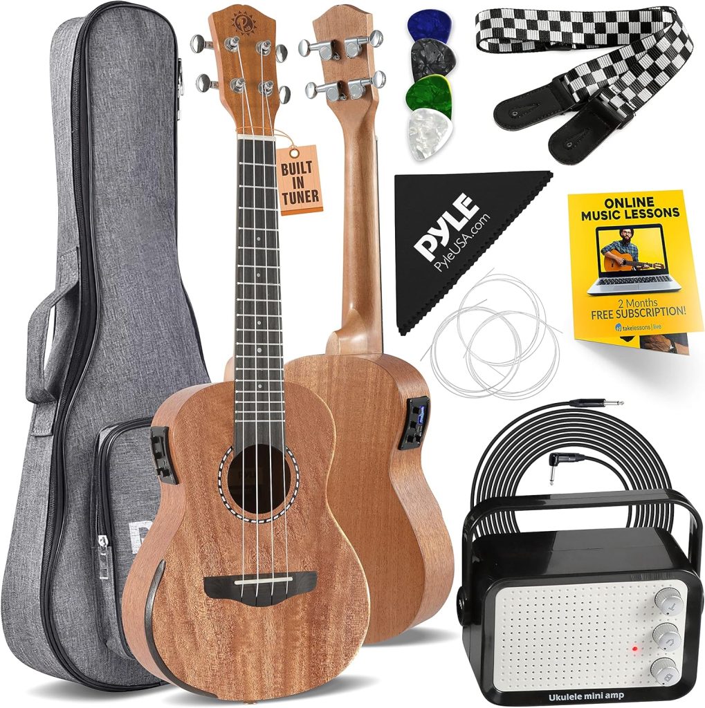 Pyle Acoustic Electric Ukulele and Amplifier Kit 23 Tenor 4 String Professional Mahogany Uke w/ 3W Amp, Strap, 4 Celluloid Picks, Gig Bag, Cleaning Cloth, Strings, For Beginners  Advanced