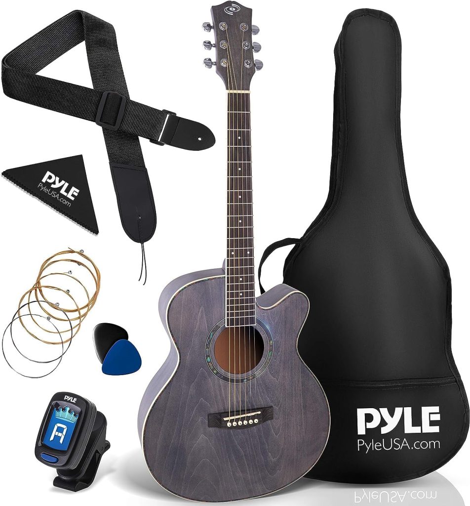 Pyle Acoustic Guitar Kit, 3/4 Junior Size All Wood Steel String Instrument for Beginner Kids, Adults, 36” Matte Gray
