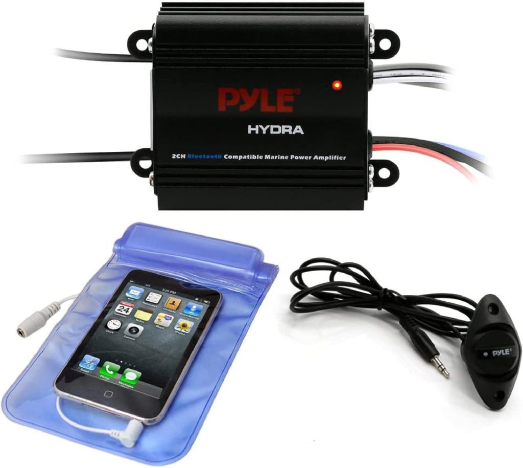 Pyle Auto 2-Channel Marine Amplifier - 200 Watt RMS 4 OHM Full Range Stereo with Wireless Bluetooth  Powerful Prime Speaker - High Crossover HD Music Audio Multi Channel System PLMRMB2CB, Black