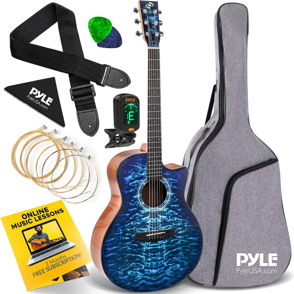 Pyle Blue Ocean Ripple, Steel String Acoustic Guitar with Solid Spruce TopGlossy Finish, Full Size with Complete Accessory Kit, Digital Tuner, Great for Beginners, Student Practice, Kids and Adults