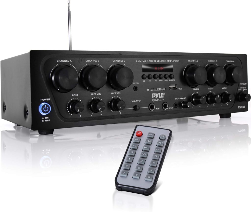 Pyle Bluetooth Home Audio Amplifier System-Upgraded 6 Channel 750 Watt Wireless Home Audio Sound Power Stereo Receiver w/USB, Micro SD, Headphone,2 Microphone Input w/Echo, Talkover for PA - PTA62BT.5