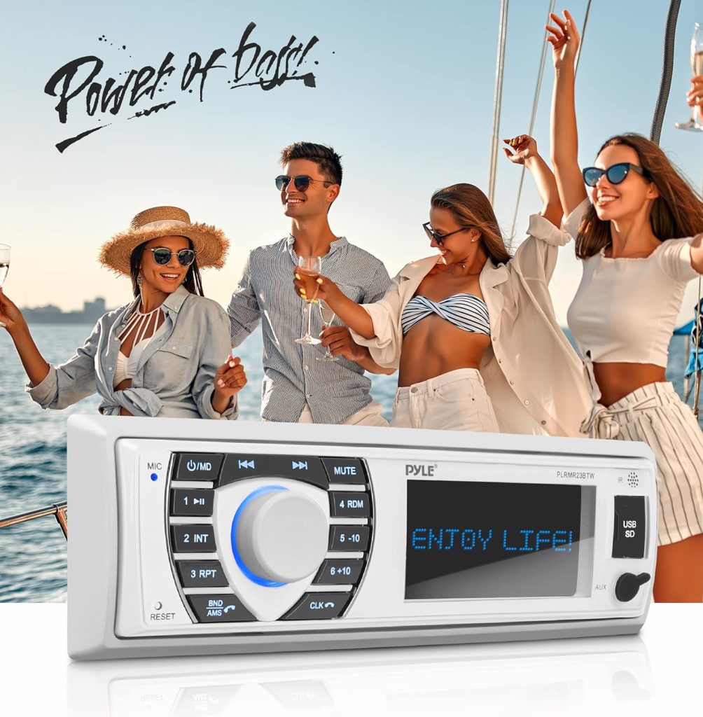 Pyle Bluetooth Marine Receiver Stereo - 12v Single DIN Style Boat In dash Radio Receiver System with Digital LCD, RCA, MP3, USB, SD, AM FM Radio - Remote Control, Wiring Harness - PLRMR23BTW (White)