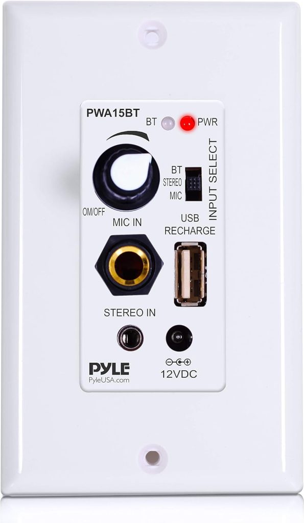 Pyle Bluetooth Receiver Wall Mount, in-Wall Audio Control with Built-in Amplifier | USB, Microphone, Aux (3.5mm) Input | Terminal Block | Connect 2 Speakers - 100 Watt (PWA15BT.5)