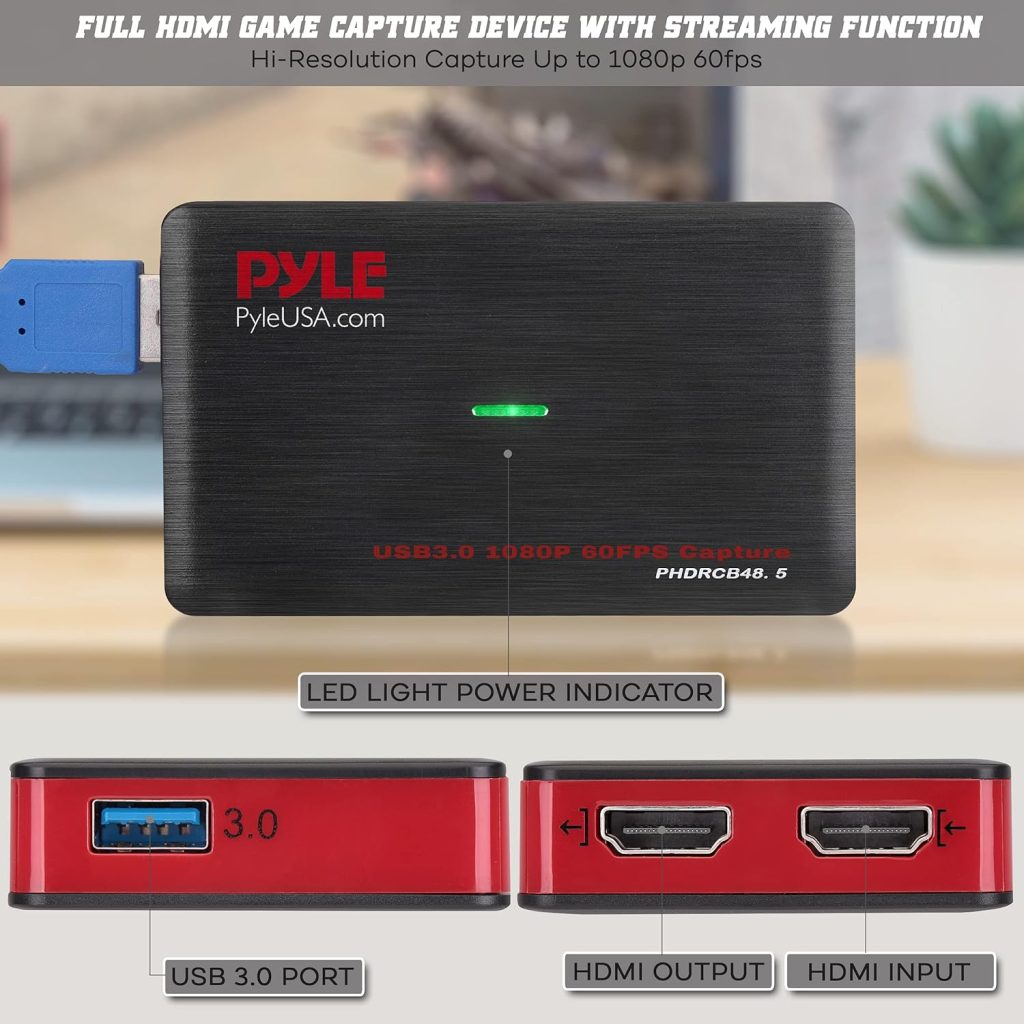 Pyle Capture Card Video Recording System - AV Game Live Streaming, Full HD 1080P Digital Media File Creation System w/ HDMI, Audio for USB, SD, PC, DVD, PS4, PS3, Xbox One, Xbox 360, Wii PHDRCB48.5