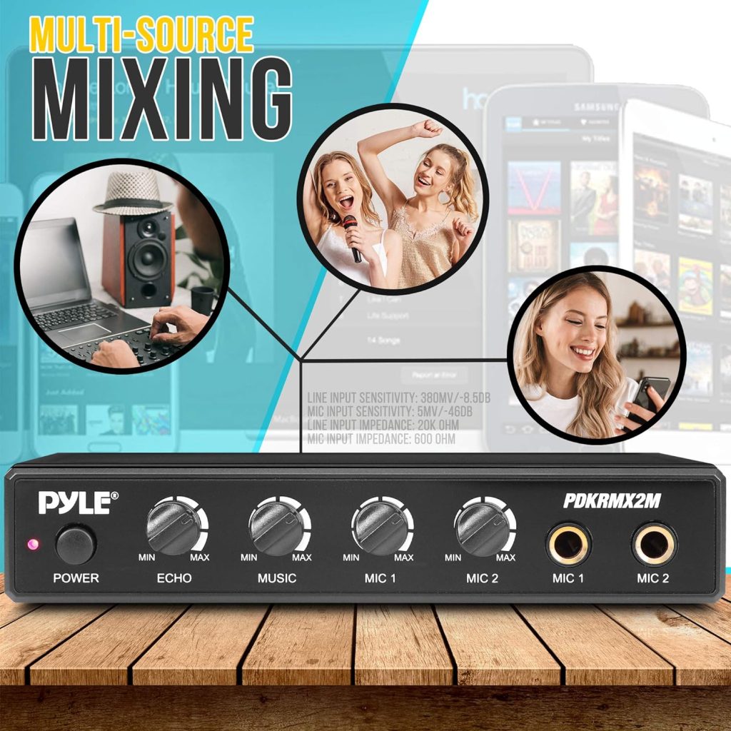 Pyle Compact Karaoke Audio Mixer - Professional Portable Audio Sound Mixer Mic Receiver w/Two Microphone Inputs, RCA, AUX, Mic Level/Music/Echo Controls, for DJ Sound, Home Party  Theater - PDKRMX2M