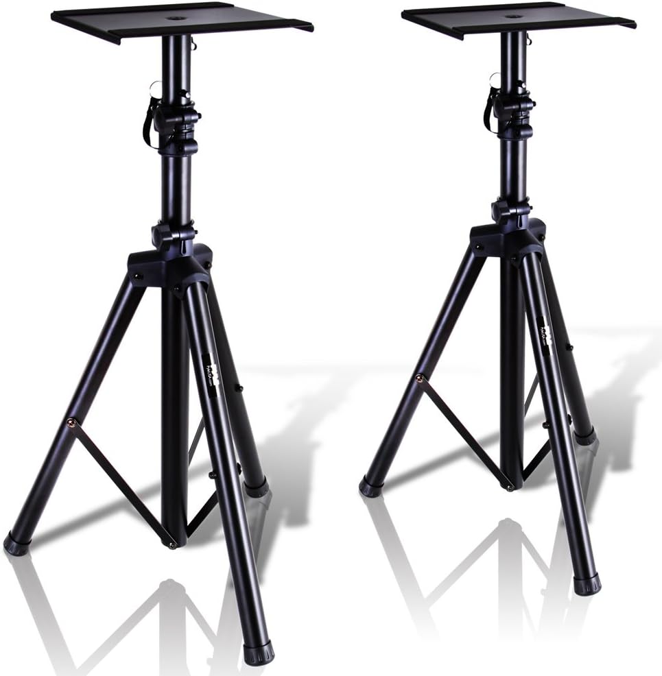 Pyle Dual Studio Monitor 2 Speaker Stand Mount Kit - Heavy Duty Tripod Pair and Height Adjustable from 34 to 53 W/Metal Platform Base - PSTND32, Black