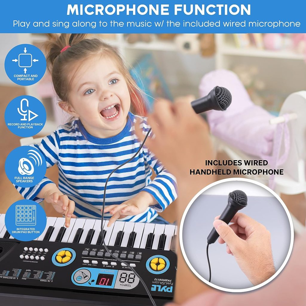 Pyle Electric Keyboard 61 Keys-Portable Digital Musical Karaoke Piano Keyboard-10 Rhythms 16 Tones, Stereo Speakers, Rechargeable Battery-Wired Microphone-Beginners Kids (PKBRD6112)