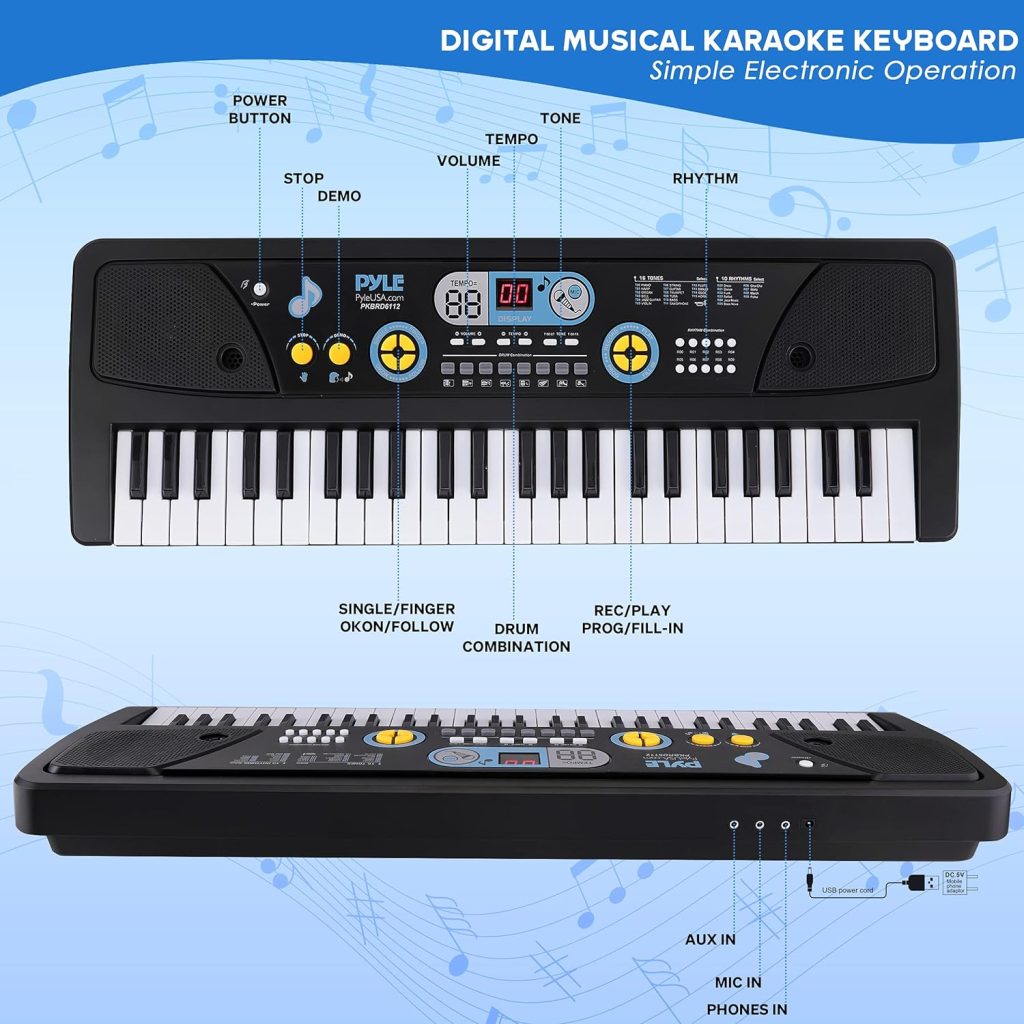Pyle Electric Keyboard 61 Keys-Portable Digital Musical Karaoke Piano Keyboard-10 Rhythms 16 Tones, Stereo Speakers, Rechargeable Battery-Wired Microphone-Beginners Kids (PKBRD6112)