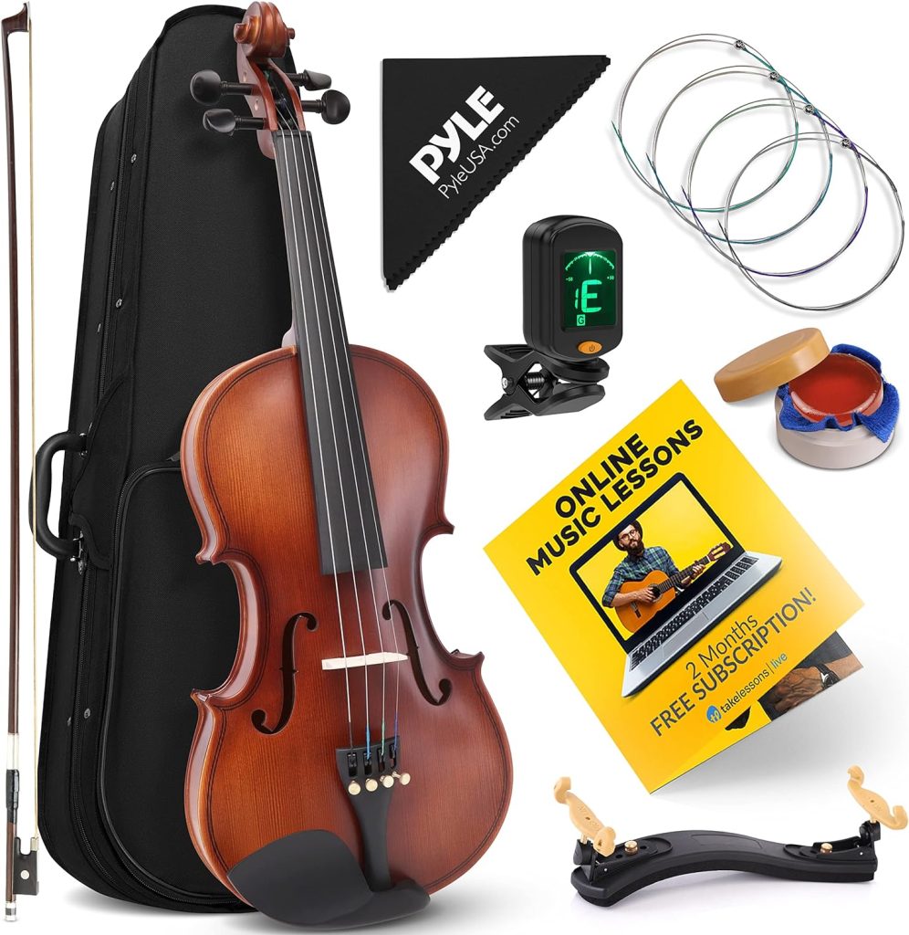 Pyle Full Size Beginner Violin 4/4 23-Inch Student Full Size Violin Starter Kit Adult w/Premium Travel Case  Student Bow, Extra Strings, Digital Tuner, Shoulder Rest  Cleaning Cloth