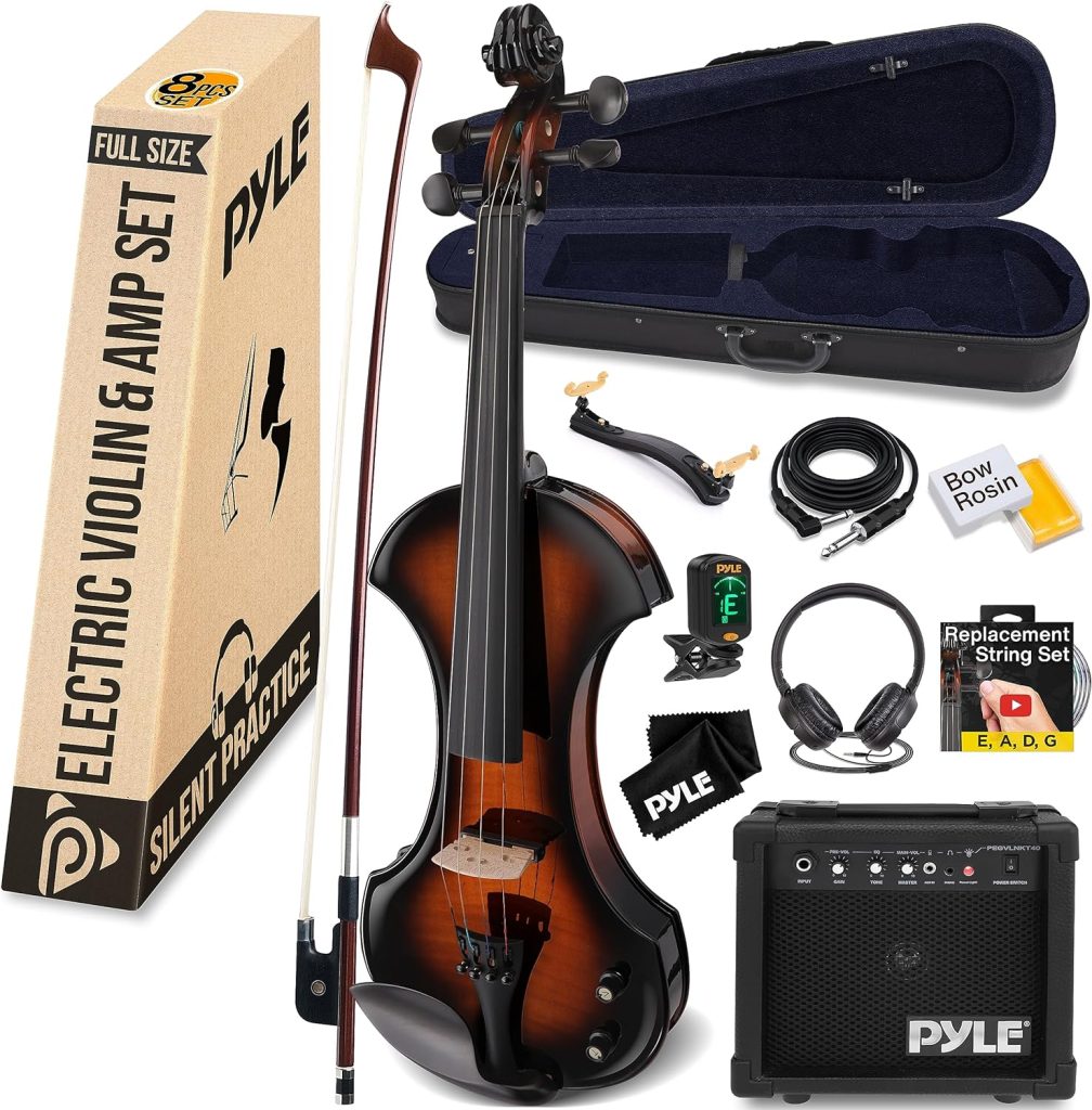 Pyle Full Size Electric Violin and Amplifier Kit, 4/4 Solid Wood Silent Fiddle with Hard Case, Bow, Ebony Fittings, and Digital Tuner
