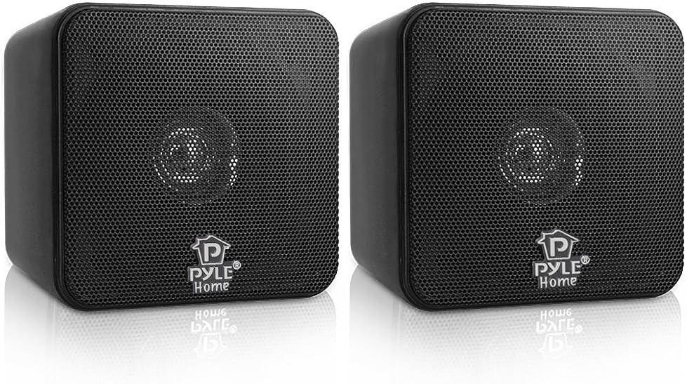 Pyle Home 4” Mini Cube Bookshelf Speakers-Paper Cone Driver, 200 Watt Power, 8 Ohm Impedance, Video Shielding, Home Theater Application and Audio Stereo Surround Sound System - 1 Pair -PCB4BK (Black)