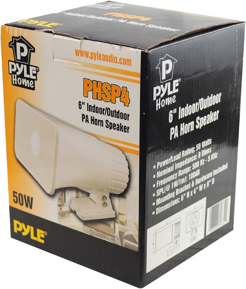 Pyle Indoor / Outdoor PA Horn Speaker - 6” Portable PA Speaker With 8 Ohms Impedance  50 Watts Peak Power - Mounting Bracket  Hardware Included - Pyle PHSP4 White