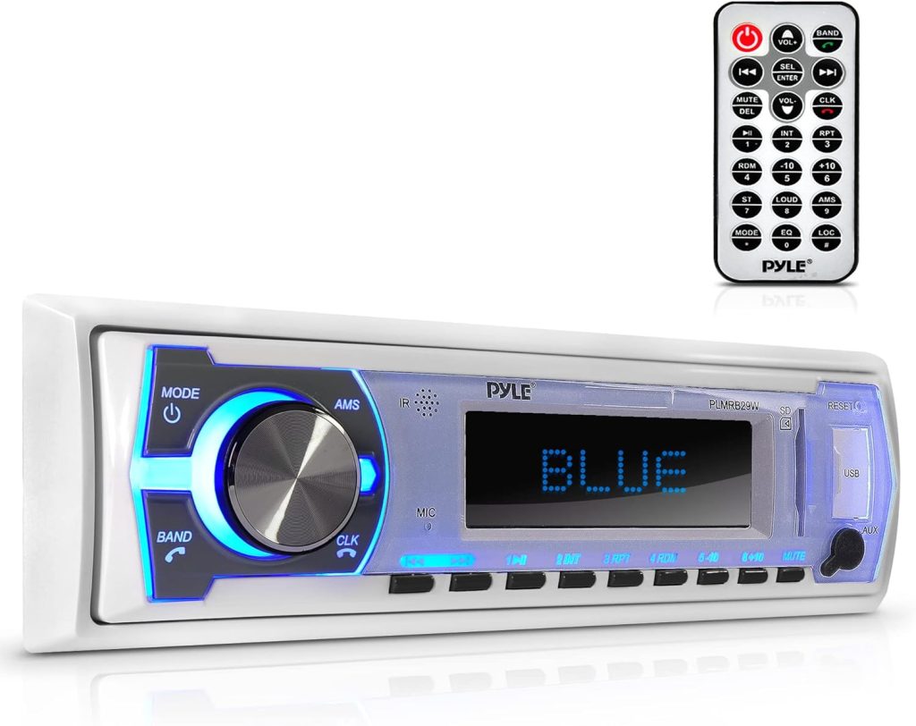 Pyle Marine Bluetooth Stereo Radio - 12v Single DIN Style Boat In dash Radio Receiver System with Built-in Mic, Digital LCD, RCA, MP3, USB, SD, AM FM Radio - Remote Control - PLMRB29W (White)