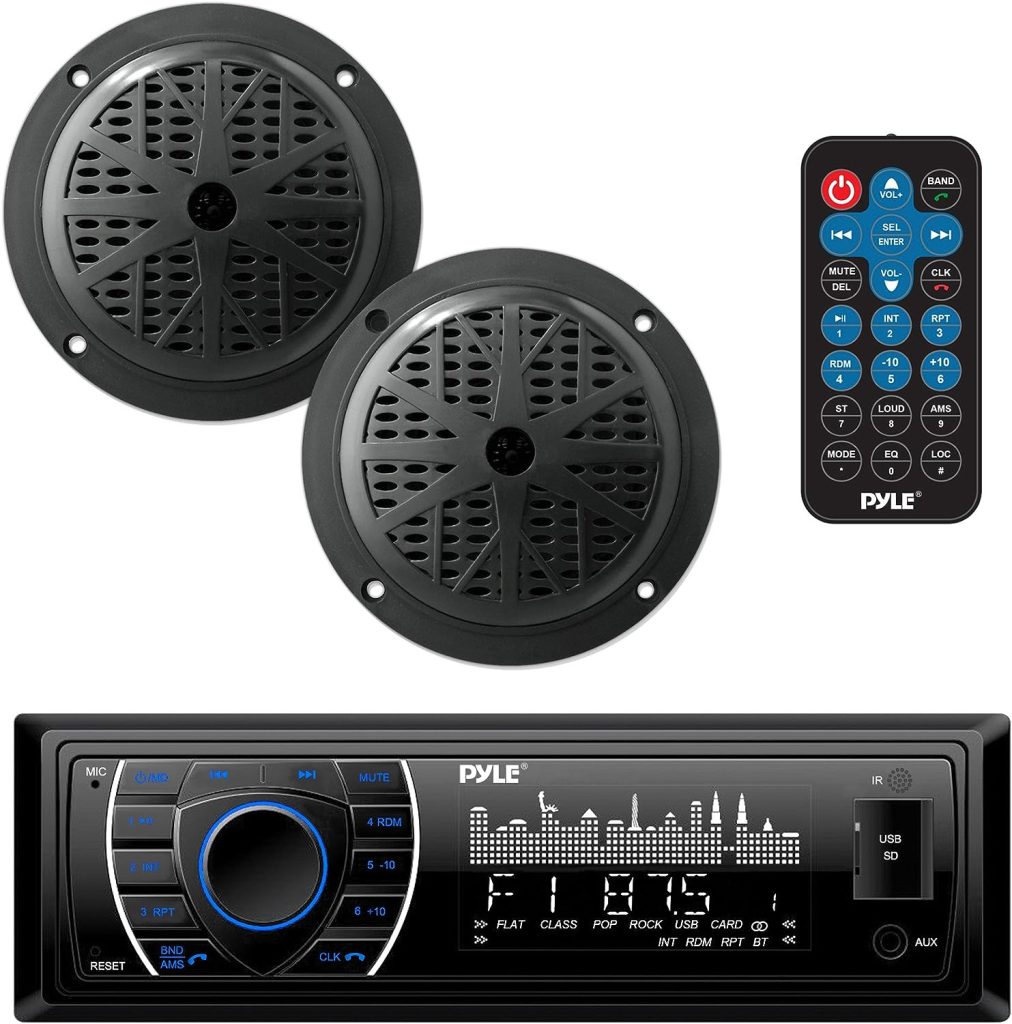Pyle Marine Headunit Receiver Speaker Kit - In-Dash LCD Digital Stereo Built-in Bluetooth  Microphone w/AM FM Radio System 5.25’’ Waterproof Speakers (2) MP3/SD Readers  Remote Control - PLMRKT46BK