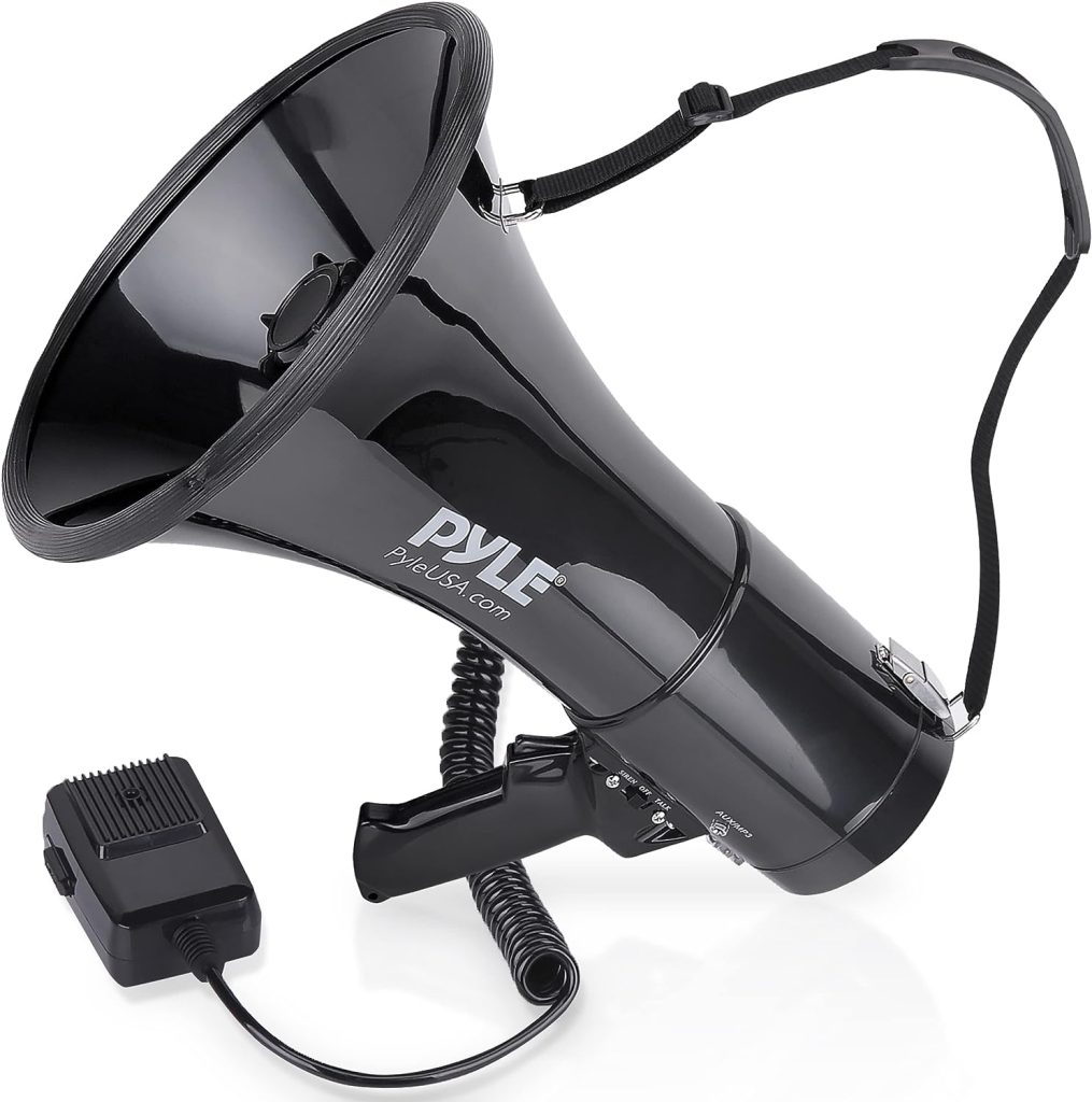 Pyle Megaphone Speaker PA Bullhorn with Built-in Siren 50 Watts  Adjustable Volume Ideal for Football, Baseball, Hockey, Cheerleading Fans  Coaches or for Safety Drills - PMP53IN, Black Aux Input