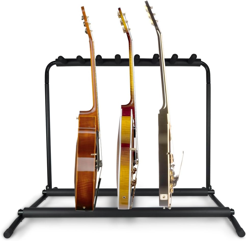 Pyle Multi Guitar Stand 7 Holder Foldable Universal Display Rack - Portable Black Guitar Holder With No slip Rubber Padding for Classical Acoustic, Electric, Bass Guitar and Guitar Bag / Case - PGST43