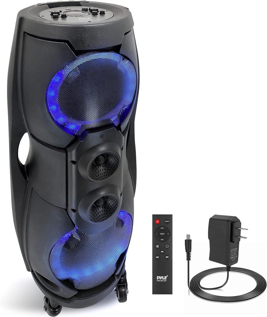 Pyle Portable Bluetooth PA Speaker System - 1000W Indoor/Outdoor Bluetooth Speaker PA System w/TWS, Recorder, Microphone in, Party Lights, USB SD Card Reader, FM Radio, Rolling Wheels PPHP82LB,Black