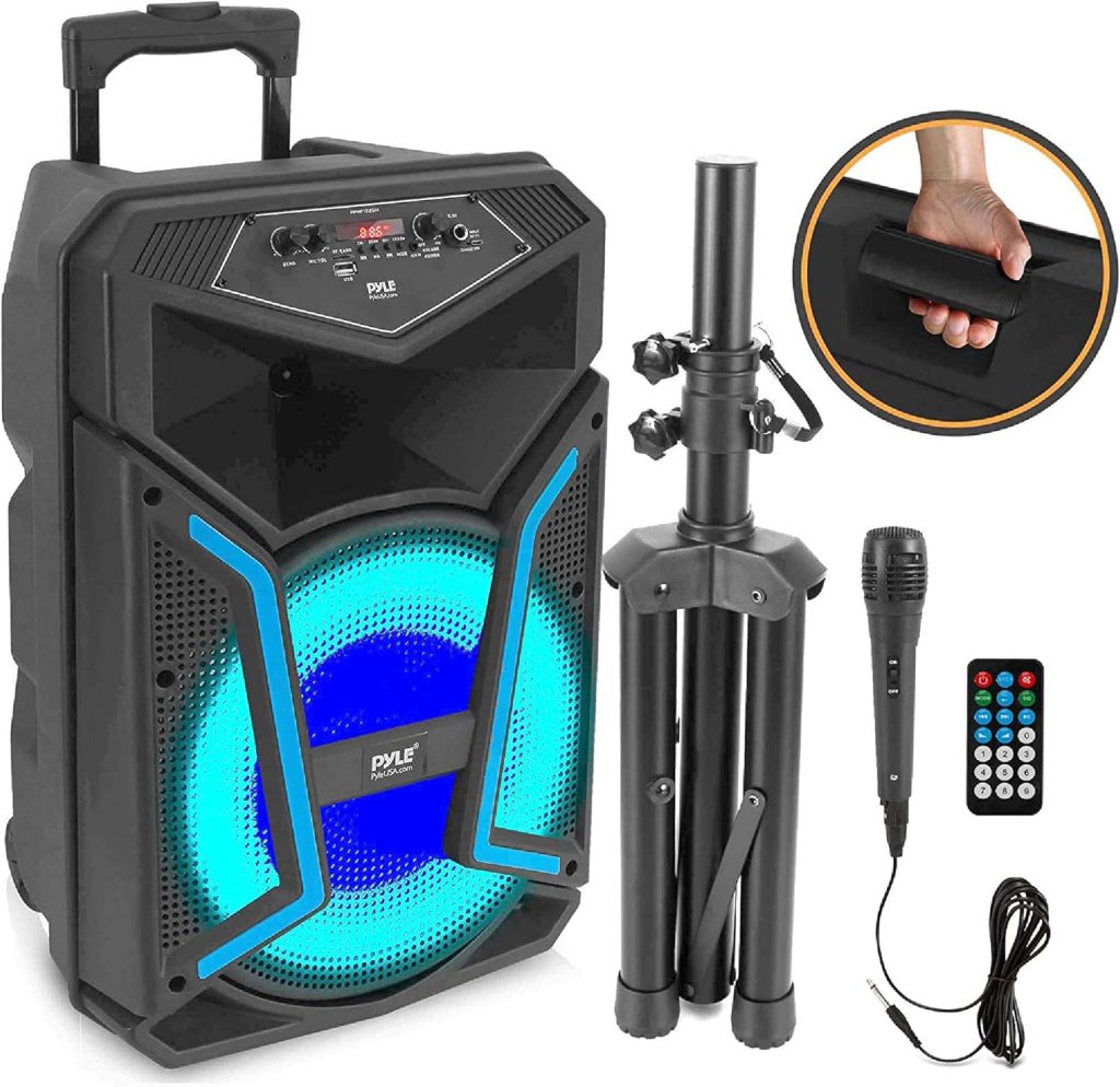 PYLE Portable Bluetooth PA Speaker System - 1200W Outdoor Bluetooth Speaker Portable PA System w/ Microphone In, Party Lights, MP3/USB SD Card Reader FM Radio, Rolling Wheels - Mic, Remote PPHP152SM