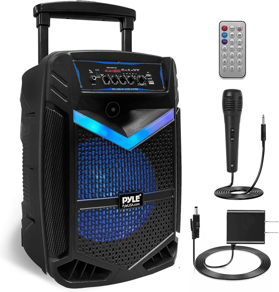 Pyle Portable Bluetooth PA Speaker System - 1200W Rechargeable Outdoor Bluetooth Speaker Portable PA System w/ 15” Subwoofer 1” Tweeter, Recording Function Mic In Party Lights USB/SD Radio PPHP1542B