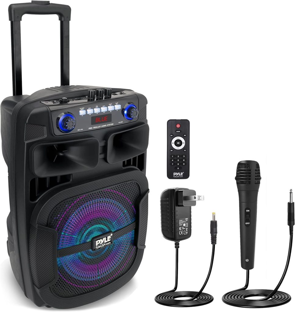 Pyle Portable Bluetooth PA Speaker System - 800W 12”Outdoor Bluetooth Speaker Portable PA System-Party Lights,USB SD Card Reader,FM Radio,Rolling Wheels-Wired microphone, Remote - PPHP128B, BLACK,BLUE