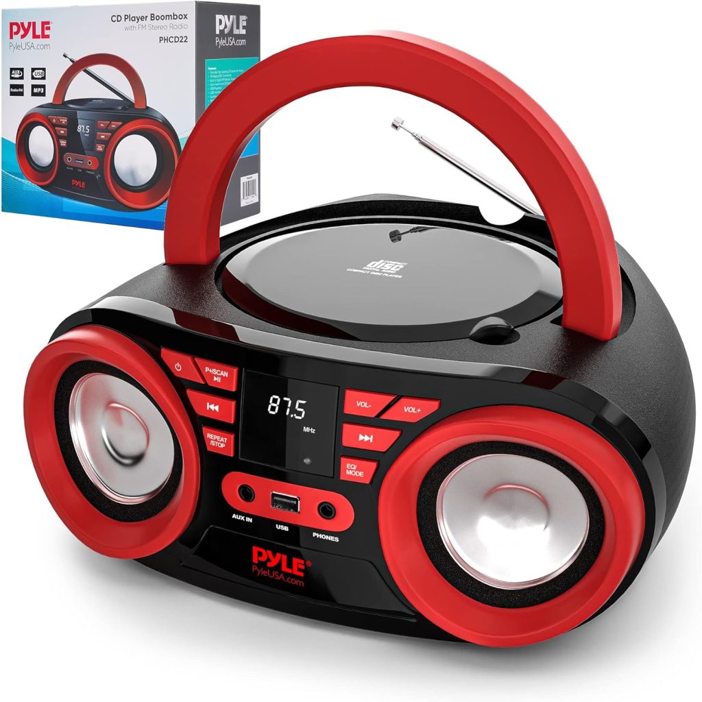 Pyle Portable CD Player Bluetooth Boombox Speaker - AM/FM Stereo Radio  Audio Sound, Supports CD-R-RW/MP3/WMA, USB, AUX, Headphone, LED Display, AC/Battery Powered, Red Black - PHCD22