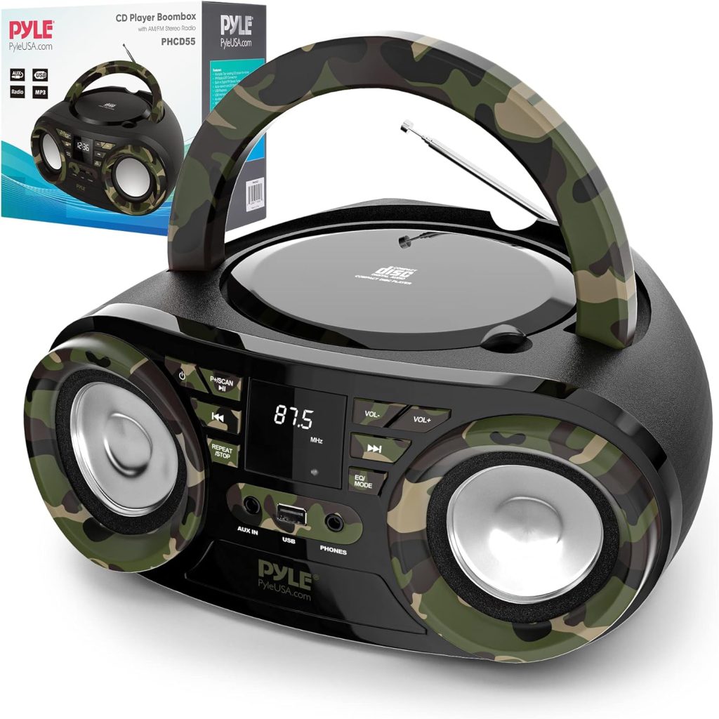 Pyle Portable CD Player Boombox Speaker,Wireless BT Streaming,AM FM Stereo RadioEnhanced Sound,CD R RW,MP3,WMA Playback,USB Port,AUX Input,Headphone Jack,LED Display,AC Battery Powered