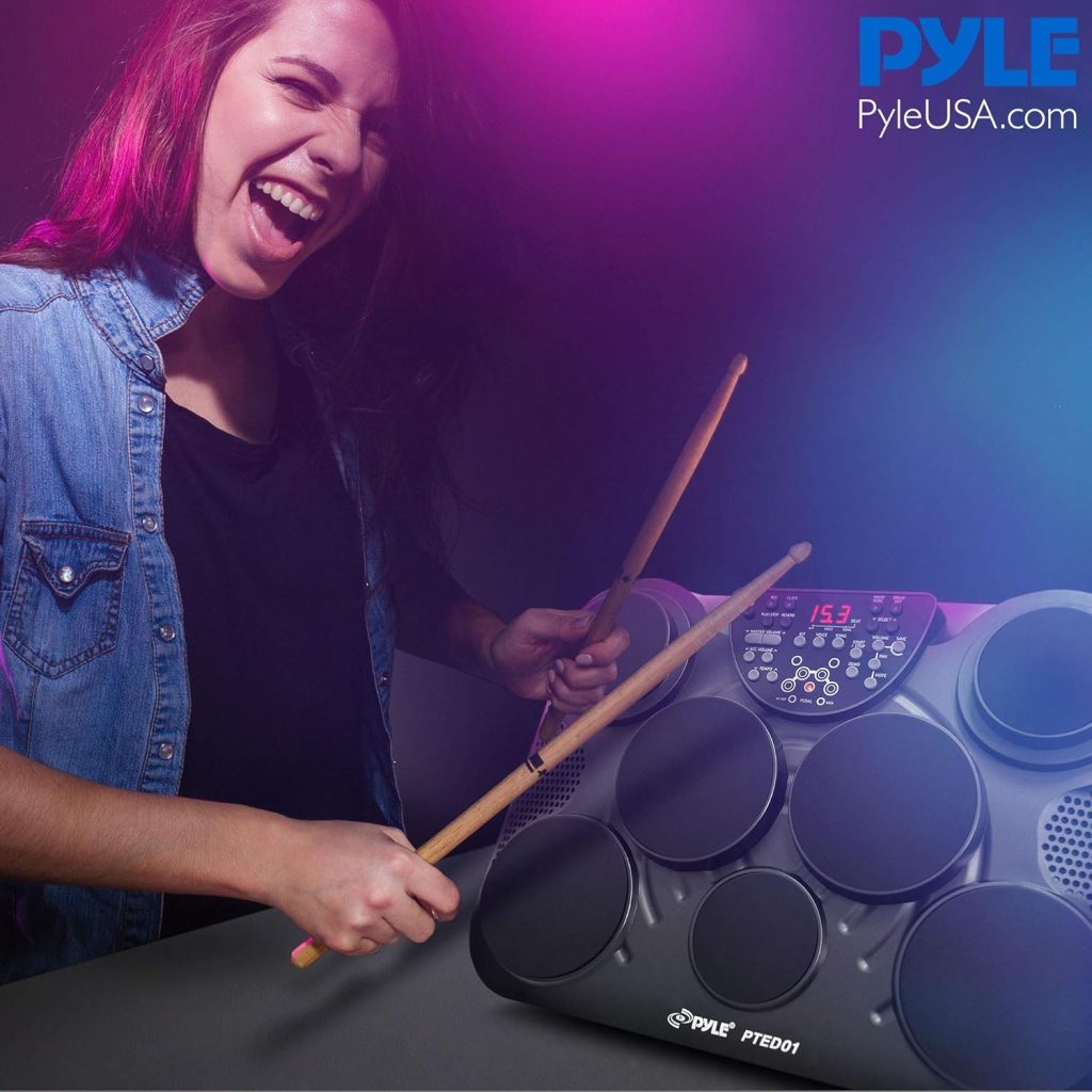 Pyle Portable Drums, Tabletop Drum Set, 7 Pad Digital Drum Kit, Touch Sensitivity, Wireless Electric Drums, Drum Machine, Electric Drum Pads, LED Display, Mac  PC - PTED01