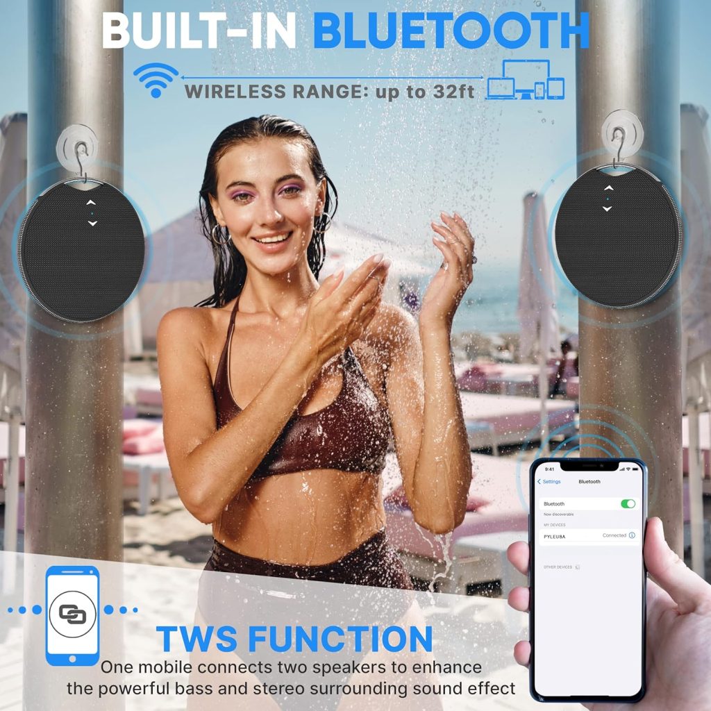 Pyle Portable Magnetic Bluetooth Speaker Mini Loud Wireless Streaming Hang Speaker - IPX7 Waterproof, Clear Sound, Super Bass, Hand-Free Call, AUX, Use for Shower, Beach, Pool, Door Hook - PMNGSP1BK