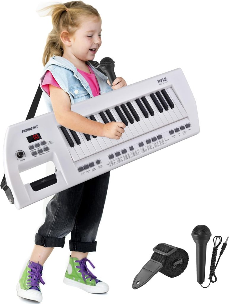 Pyle Portable Piano Keytar Electric Keyboard 37 Keys w/Microphone  Carry Strap, Sustain Controller, Rechargeable Battery - Digital Karaoke Keyboard - Compact Musical Piano White - PKBRD37WT
