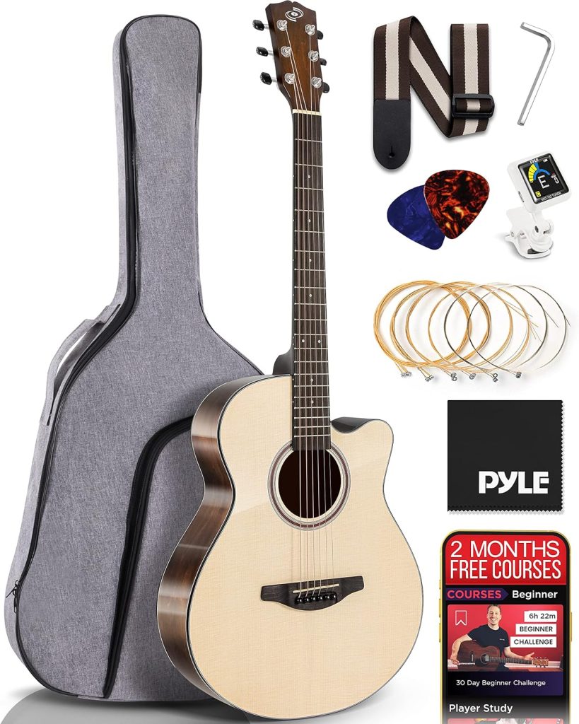 Pyle Premium Full Size Acoustic Guitar Kit, Spruce Top, Steel String Dreadnought Cutaway, with Capo, Upgraded Gig Bag, Rechargeable Tuner, 40” Natural Matte