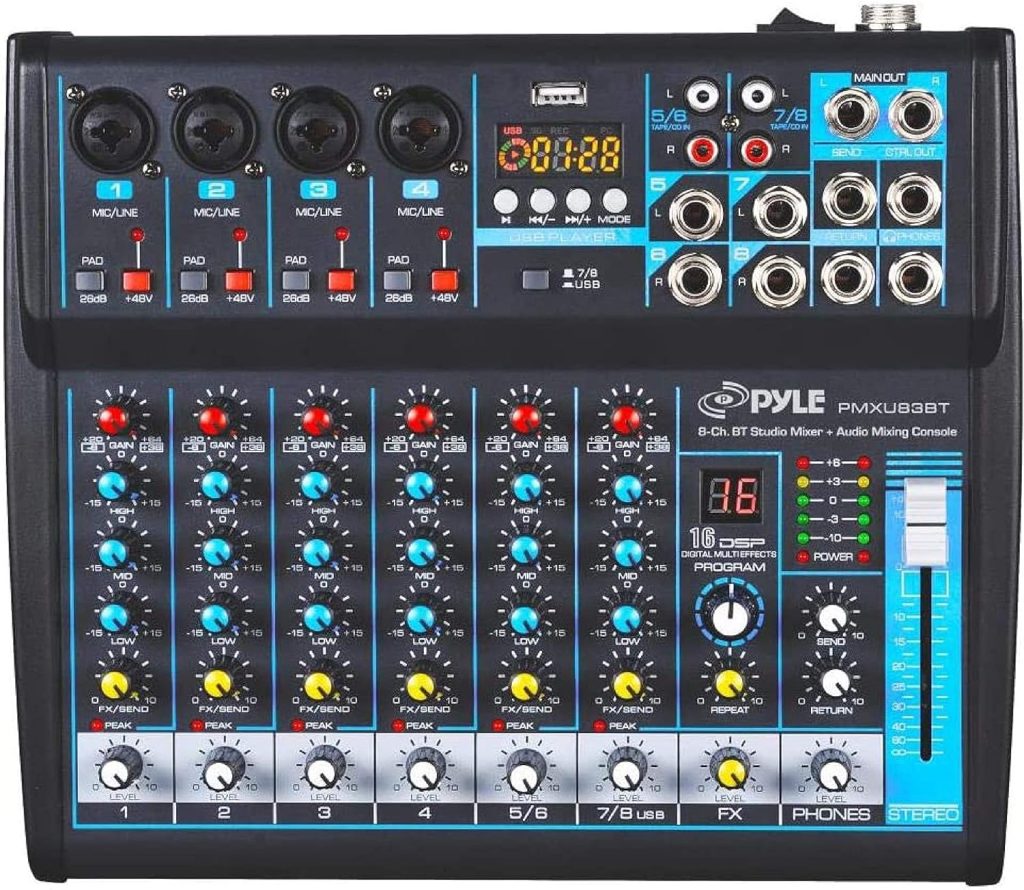 Pyle Professional Audio Mixer Sound Board Console Desk System Interface 8 Channel Digital USB Bluetooth MP3 Computer Input 48V Phantom Power Stereo DJ Studio FX 16Bit DSP Processor PMXU83BT, Black