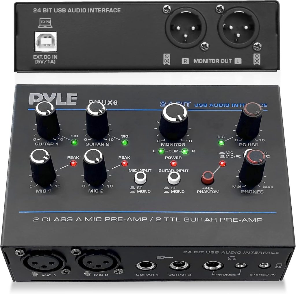 Pyle Professional USB Audio Interface with MIC, Guitar, AUX Stereo Inputs, Phone/Monitor Outputs,  Ideal for Computer Playing  Recording, Compact Rugged Metal Housing - PMUX6