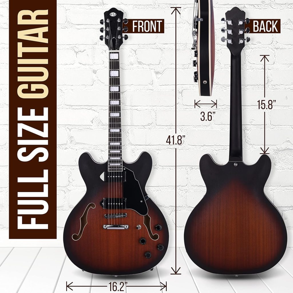 Pyle Semi Hollow Body Electric Guitar Set, 41.8” Full Size Jazz Instrument Kit w/ Gig Bag, Matte  Sunburst Finish