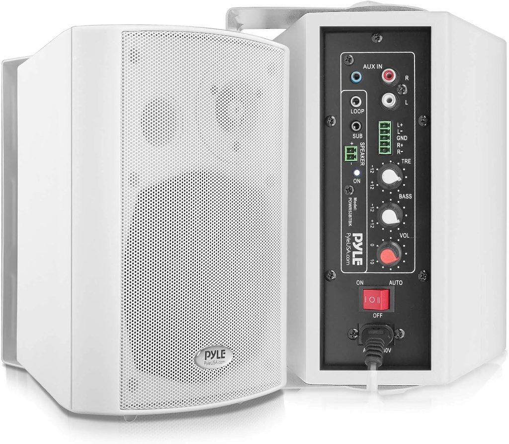 Pyle Wall Mount Home Speaker System - Active Passive Mountable Bookshelf Indoor Studio Garage Patio Stereo Sound Home Theater, Wireless Bluetooth Speaker Set W/Aux  RCA, White