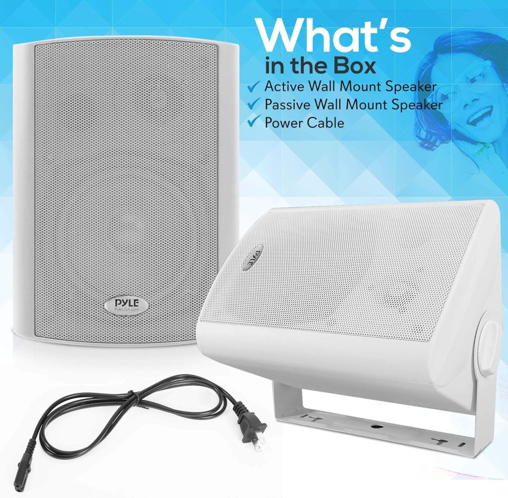 Pyle Wall Mount Home Speaker System - Active Passive Mountable Bookshelf Indoor Studio Garage Patio Stereo Sound Home Theater, Wireless Bluetooth Speaker Set W/Aux  RCA, White