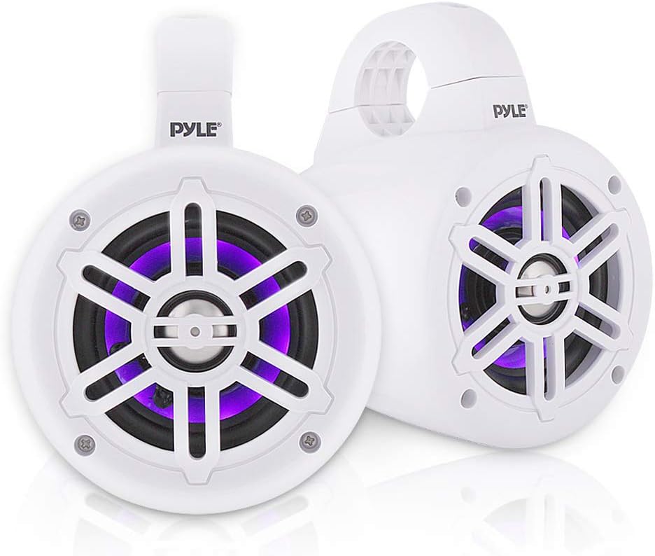 Pyle Waterproof Marine Wakeboard Tower Speakers - 4 Inch Dual Subwoofer Speaker Set w/ 300 Max Power Output - Boat Audio System w/Built-in LED Lights - Mounting Clamps Included PLMRLEWB46W (White)