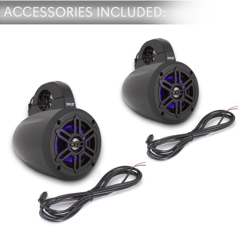 Pyle Waterproof Marine Wakeboard Tower Speakers - 4 Inch Dual Subwoofer Speaker Set w/LED Lights  Bluetooth for Wireless Music Streaming - Boat Audio System w/Mounting Clamps PLMRLEWB47BB