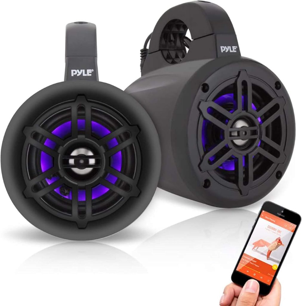 Pyle Waterproof Marine Wakeboard Tower Speakers - 4 Inch Dual Subwoofer Speaker Set w/LED Lights  Bluetooth for Wireless Music Streaming - Boat Audio System w/Mounting Clamps PLMRLEWB47BB