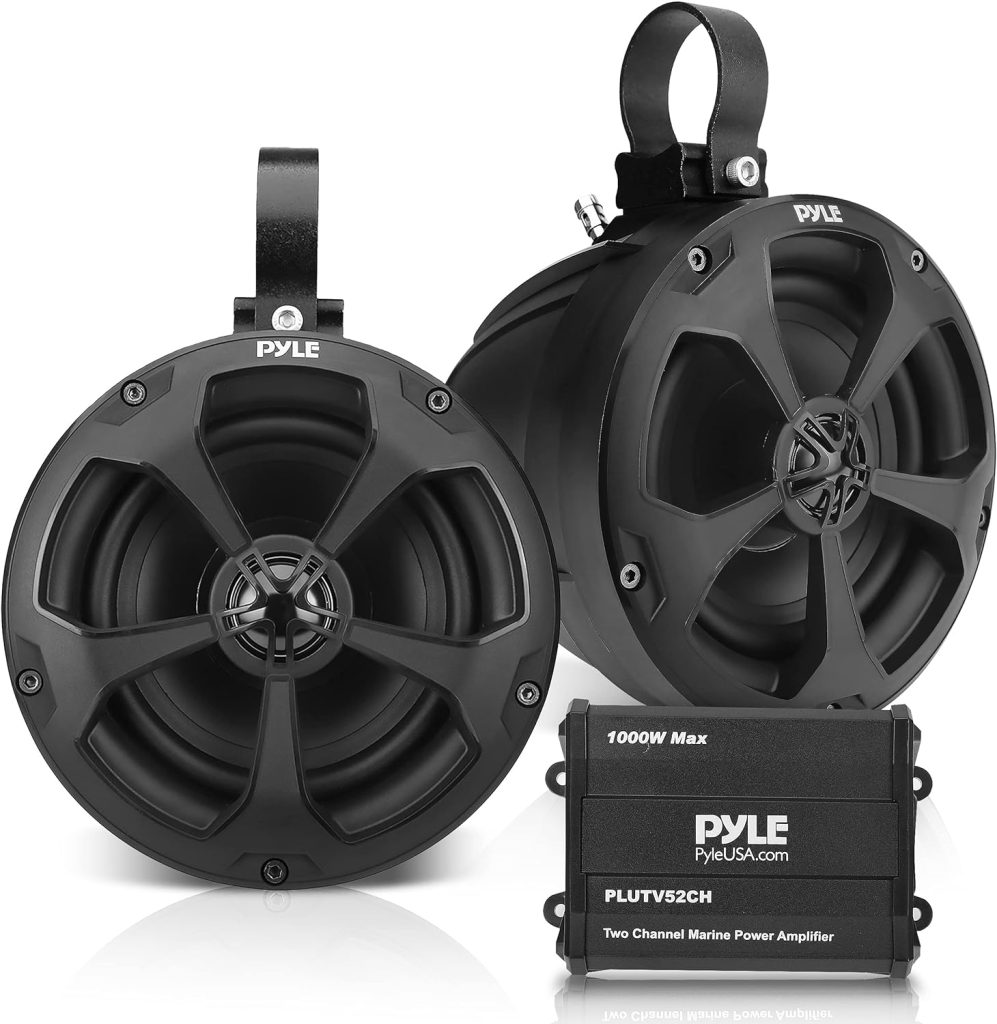 Pyle Waterproof Off-Road Speakers with Amplifier - 5.25 Inch 1000W 2-Channel Outdoor Marine Waketower, Full Range for ATV UTV Quad Jeep Boat - Pyle PLUTV52CH