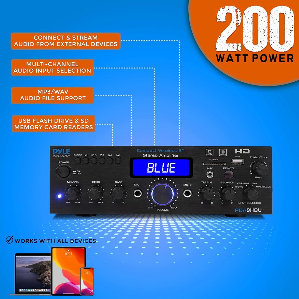 Pyle Wireless Bluetooth Home Stereo Amplifier - Multi-Channel 200 Watt Power Amplifier Home Audio Receiver System w/HDMI, Optical/Phono/Coaxial, FM Radio, USB/SD, AUX, RCA, Mic in - Remote - PDA9HBU